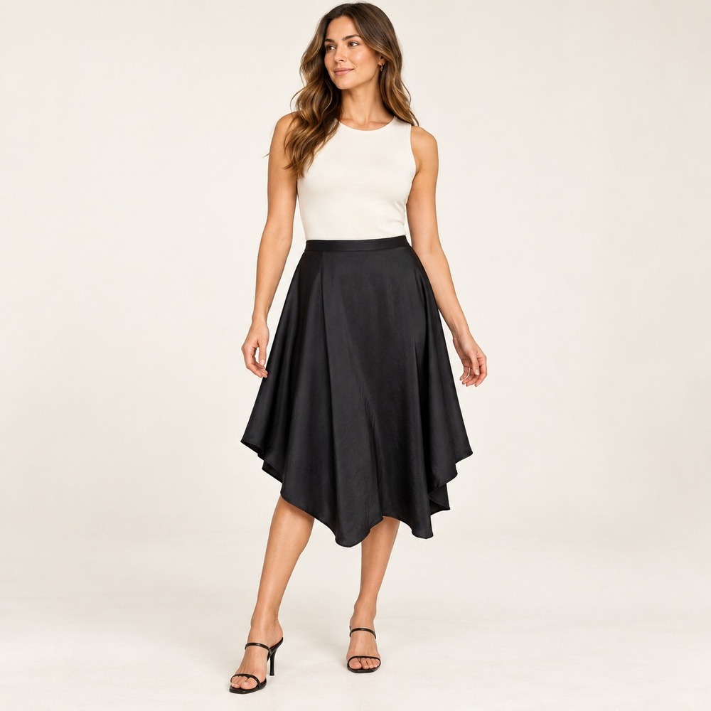 Chicos Black Satin Asymmetrical Skirt Women L/XL Whimsigoth Preppy Romantic